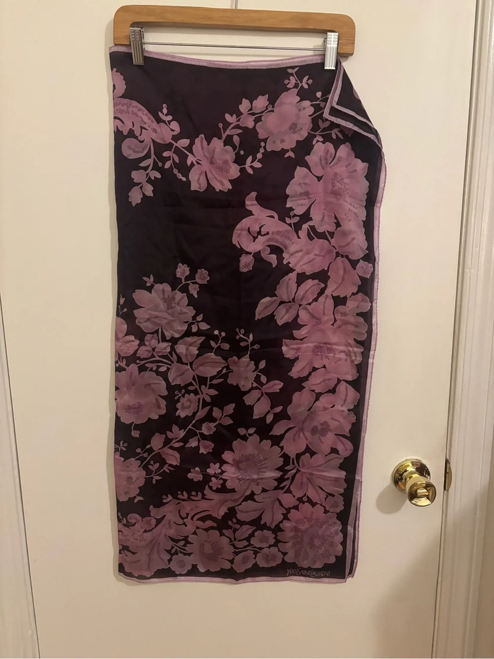 Yves Saint Laurent Floral Silk Scarf in Deep Plum and Lilac